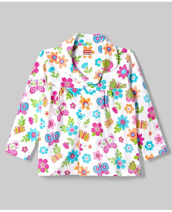 Babyhug 100% Cotton Knit Full Sleeves Shirt & Pyjama Night Suit with Floral Print - White