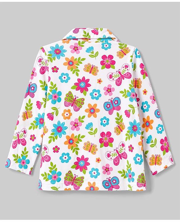 Babyhug 100% Cotton Knit Full Sleeves Shirt & Pyjama Night Suit with Floral Print - White