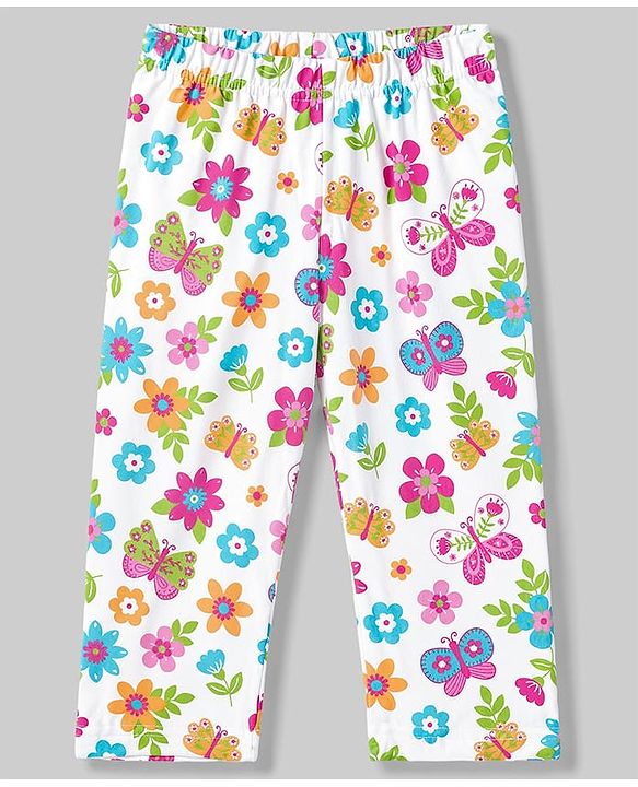 Babyhug 100% Cotton Knit Full Sleeves Shirt & Pyjama Night Suit with Floral Print - White