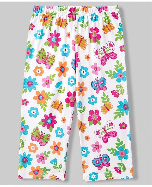 Babyhug 100% Cotton Knit Full Sleeves Shirt & Pyjama Night Suit with Floral Print - White