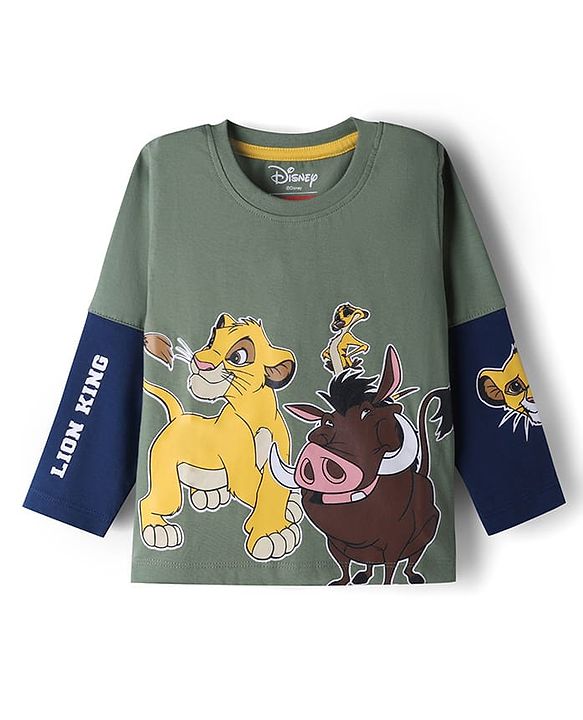 Babyhug Disney Single Jersey Knit Full Sleeve T-shirts & Joggers Set With Lion King Graphic & Cut & Sew Design - Green & Navy Blue