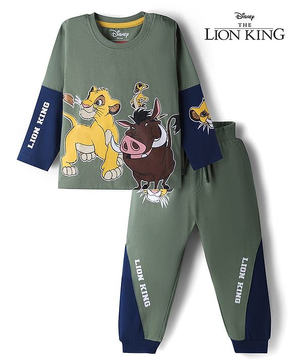 Babyhug Disney Single Jersey Knit Full Sleeve T-shirts & Joggers Set With Lion King Graphic & Cut & Sew Design - Green & Navy Blue