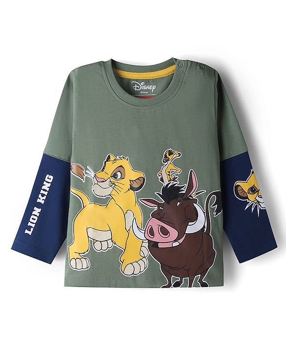Babyhug Disney Single Jersey Knit Full Sleeve T-shirts & Joggers Set With Lion King Graphic & Cut & Sew Design - Green & Navy Blue