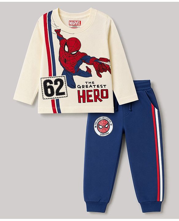 Babyhug Marvel Single Jersey Knit Full Sleeves T-Shirt & Joggers Set With Spiderman Graphic - Blue