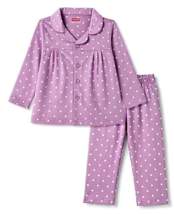 Babyhug Cotton Knit Full Sleeves Top & Pyjama Night Suit with Polka Dots Print - Lavender
