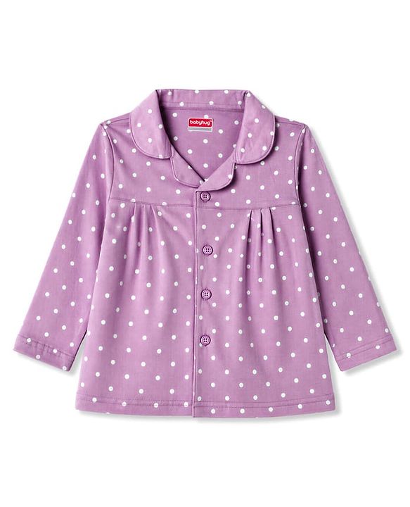 Babyhug Cotton Knit Full Sleeves Top & Pyjama Night Suit with Polka Dots Print - Lavender