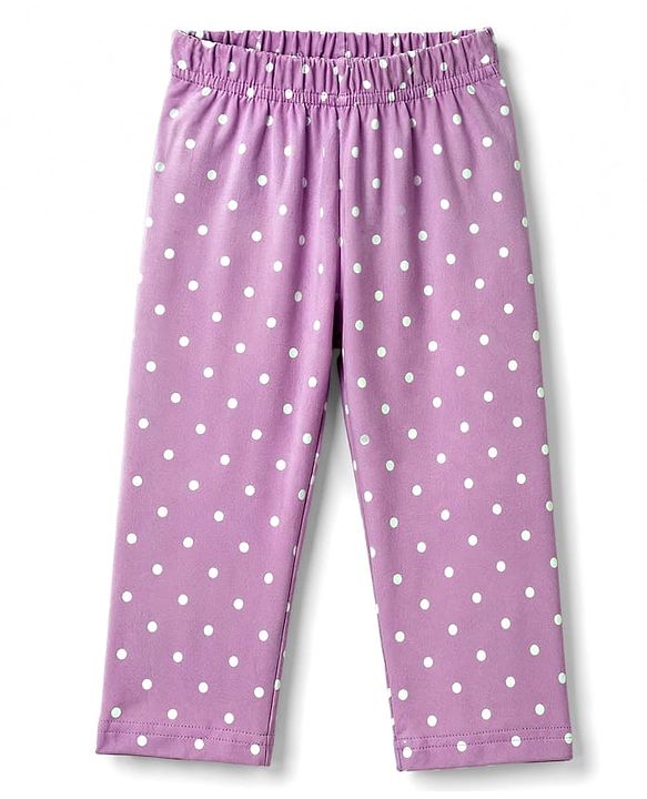 Babyhug Cotton Knit Full Sleeves Top & Pyjama Night Suit with Polka Dots Print - Lavender