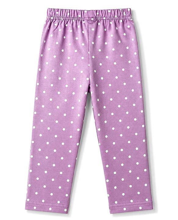Babyhug Cotton Knit Full Sleeves Top & Pyjama Night Suit with Polka Dots Print - Lavender