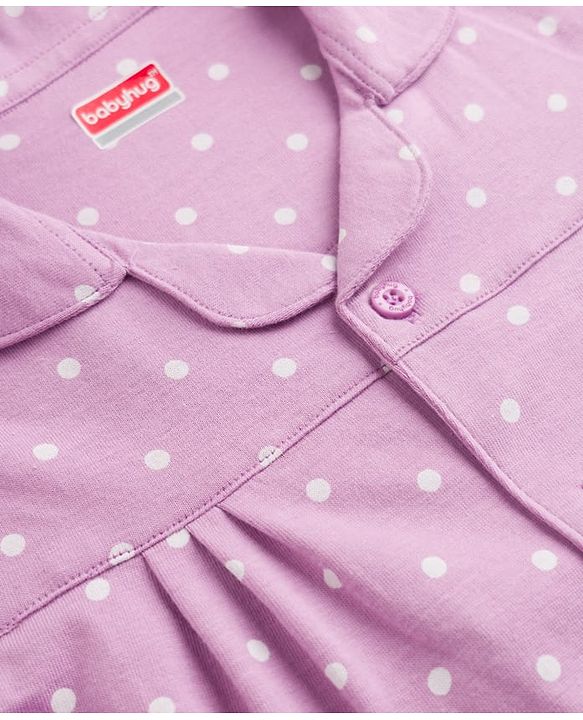 Babyhug Cotton Knit Full Sleeves Top & Pyjama Night Suit with Polka Dots Print - Lavender