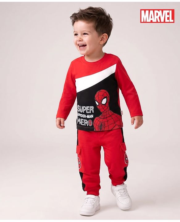 Babyhug Marvel Single Jersey Knit Full Sleeve Cut and Sew T-shirt & Joggers Set With Spider-man Graphics - Red