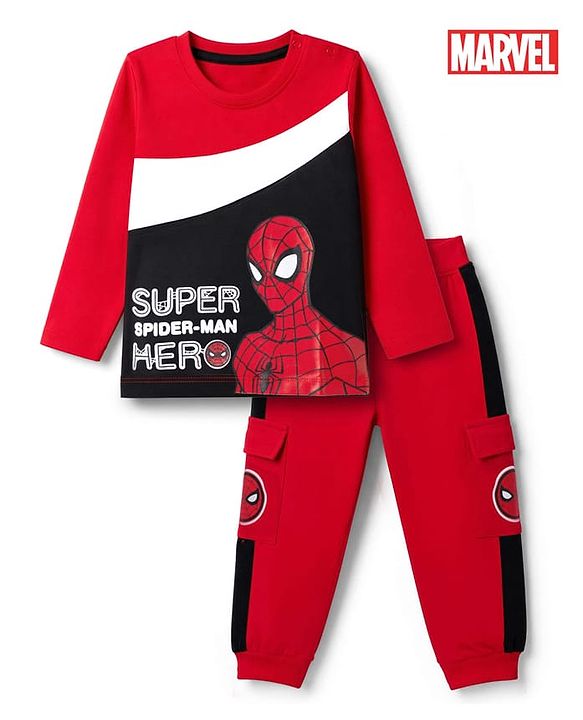 Babyhug Marvel Single Jersey Knit Full Sleeve Cut and Sew T-shirt & Joggers Set With Spider-man Graphics - Red