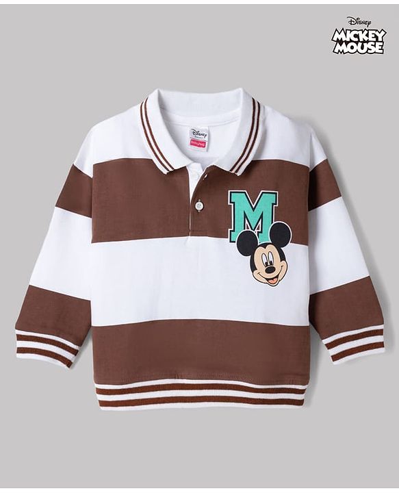 Babyhug Disney Terry Knit Oversized Striped Polo T-Shirt with Full Sleeves Front and Back Mickey Mouse Print - Brown