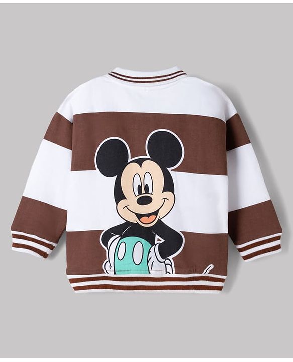 Babyhug Disney Terry Knit Oversized Striped Polo T-Shirt with Full Sleeves Front and Back Mickey Mouse Print - Brown