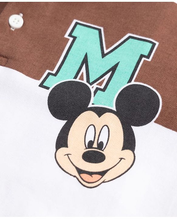 Babyhug Disney Terry Knit Oversized Striped Polo T-Shirt with Full Sleeves Front and Back Mickey Mouse Print - Brown