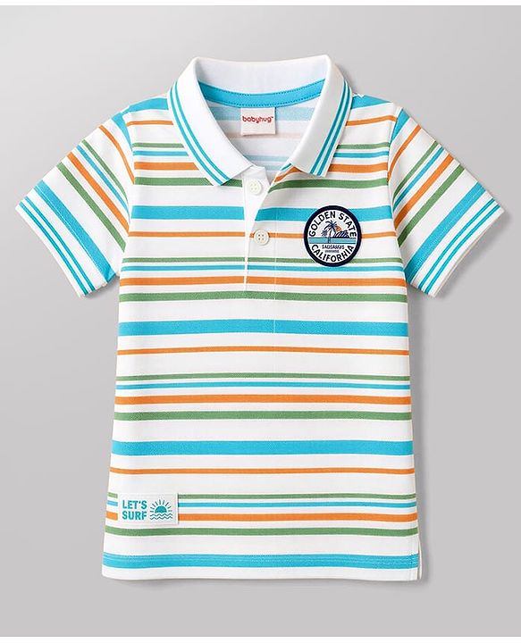 Babyhug 100% Cotton Knit Half Sleeves Striped Polo T-Shirt With Nautical Theme - White