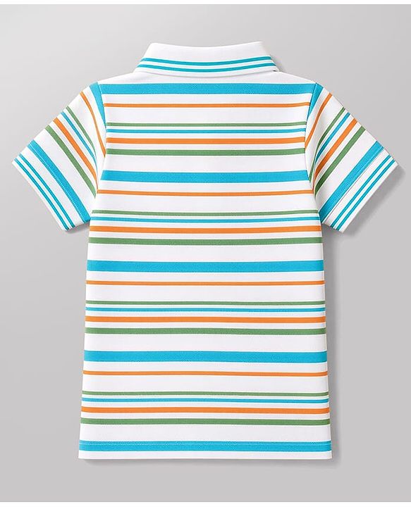 Babyhug 100% Cotton Knit Half Sleeves Striped Polo T-Shirt With Nautical Theme - White