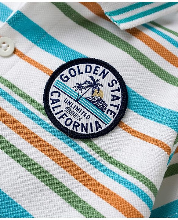 Babyhug 100% Cotton Knit Half Sleeves Striped Polo T-Shirt With Nautical Theme - White