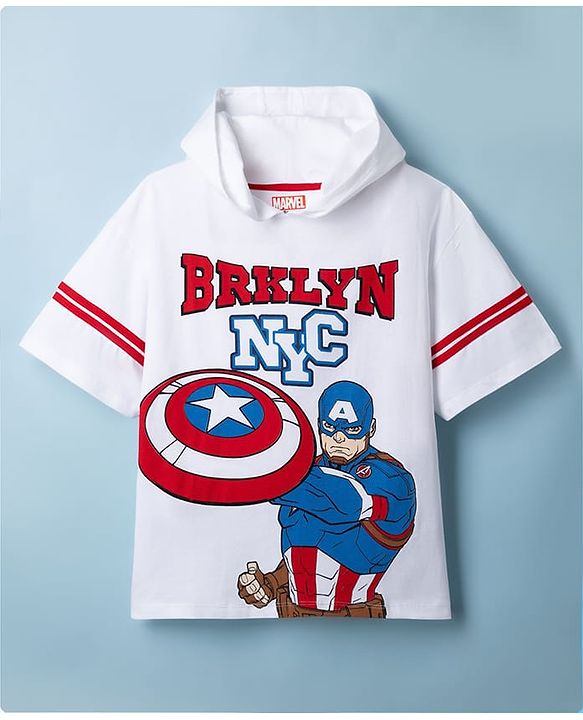 Pine Kids Marvel Cotton Single Jersey Knit Drop Shoulder Hooded T-Shirt with Half Sleeves and Captain America Print - White