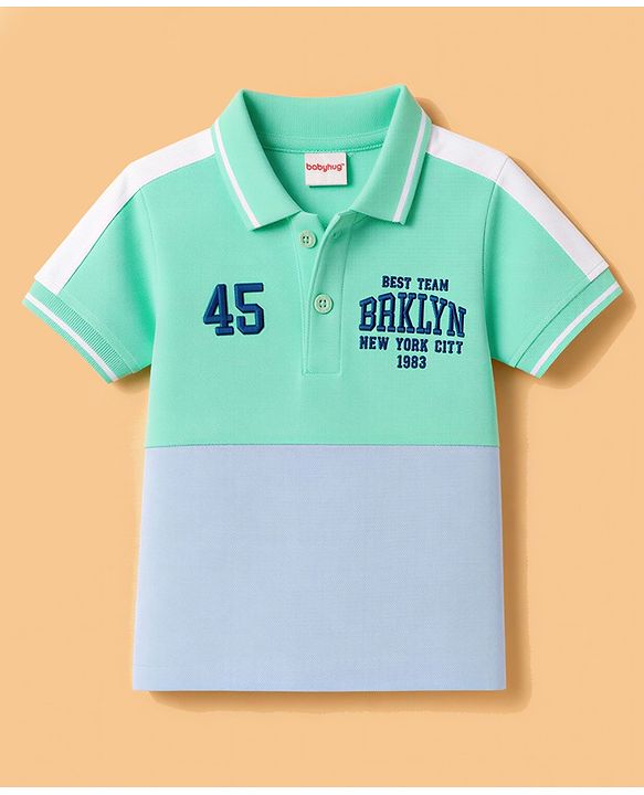 Babyhug 100% Cotton Knit Half Sleeves Polo T-Shirt With Text Print - Sea Green