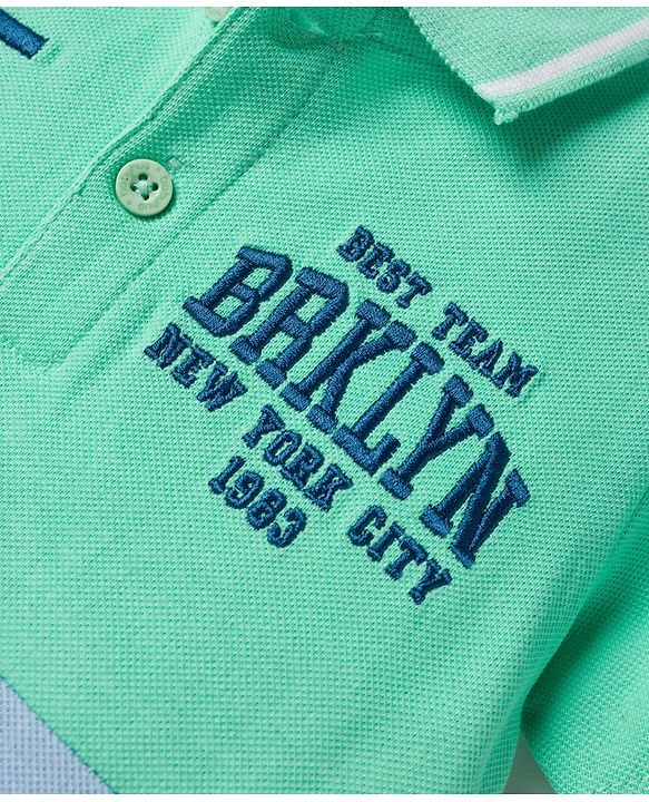 Babyhug 100% Cotton Knit Half Sleeves Polo T-Shirt With Text Print - Sea Green