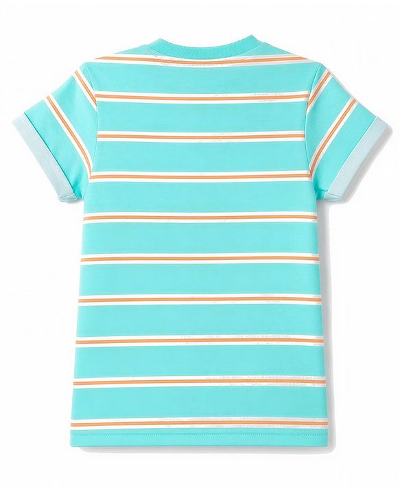 Babyhug 100% Cotton Knit Half Sleeves Henley Neck Striped T-Shirt with Cub Embroidery - Sea Green