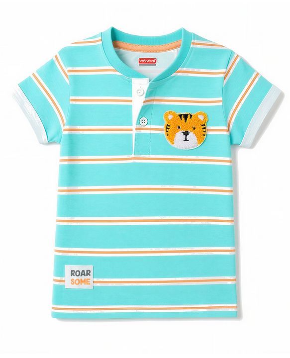 Babyhug 100% Cotton Knit Half Sleeves Henley Neck Striped T-Shirt with Cub Embroidery - Sea Green