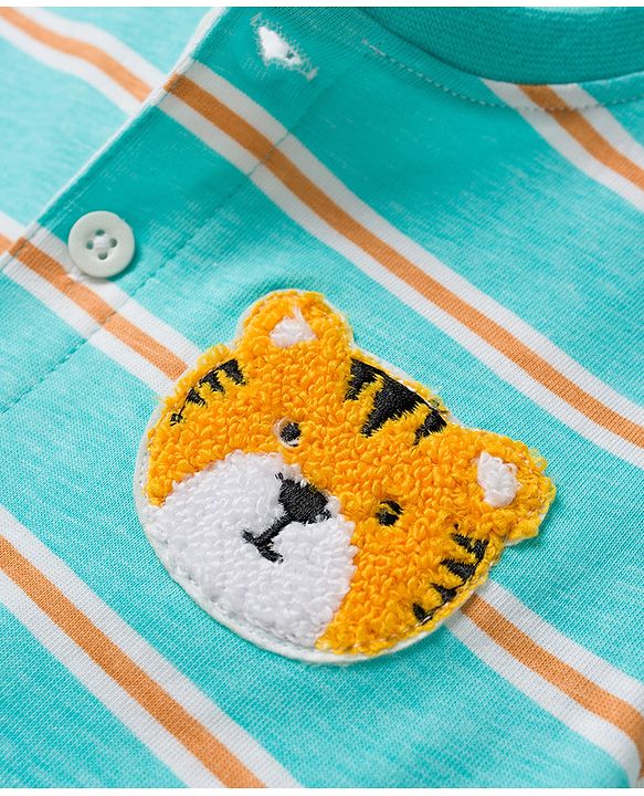 Babyhug 100% Cotton Knit Half Sleeves Henley Neck Striped T-Shirt with Cub Embroidery - Sea Green
