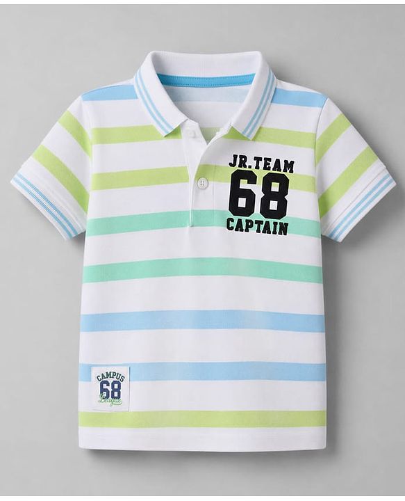 Babyhug 100% Cotton Knit Half Sleeves Polo T-Shirt with Stripes & Jr. Team Captain Print- White