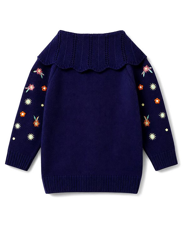 Babyhug Knit Full Sleeves Floral Embroidered Front Open Sweater With Cable Knit - Navy Blue