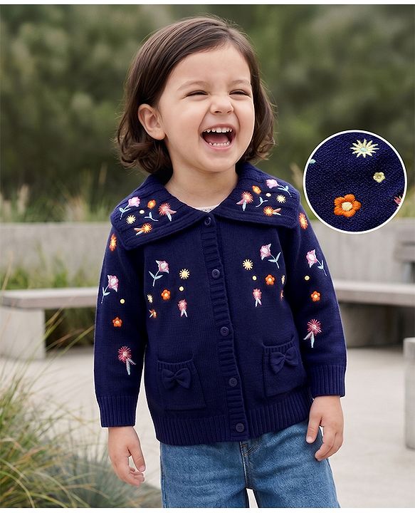 Babyhug Knit Full Sleeves Floral Embroidered Front Open Sweater With Cable Knit - Navy Blue