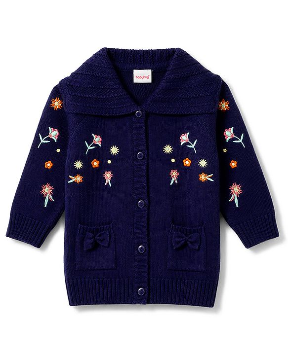 Babyhug Knit Full Sleeves Floral Embroidered Front Open Sweater With Cable Knit - Navy Blue