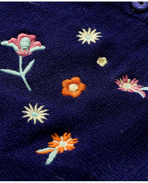 Babyhug Knit Full Sleeves Floral Embroidered Front Open Sweater With Cable Knit - Navy Blue