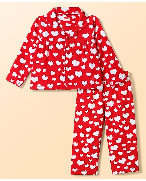 Babyhug Cotton Knit Full Sleeves Shirt & Pyjama Night Suit with Hearts Print - Red