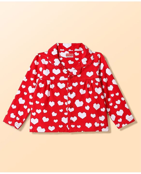 Babyhug Cotton Knit Full Sleeves Shirt & Pyjama Night Suit with Hearts Print - Red