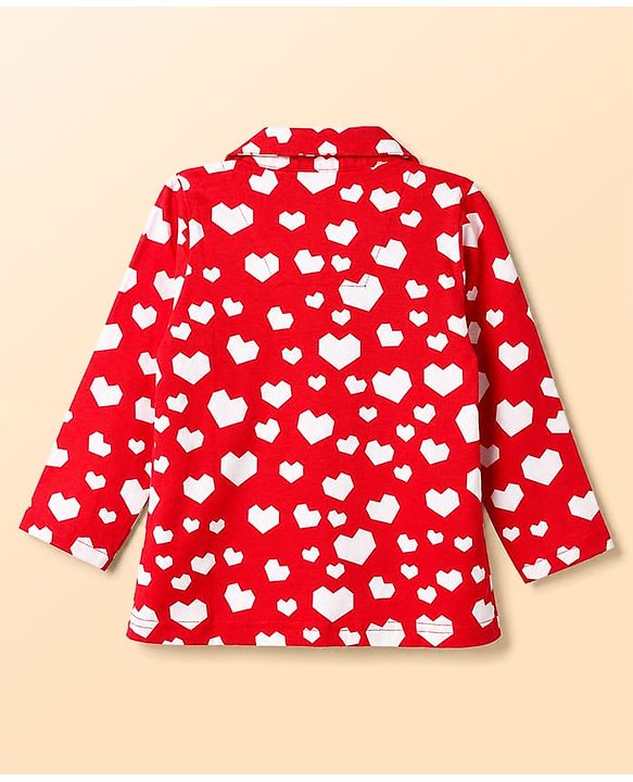 Babyhug Cotton Knit Full Sleeves Shirt & Pyjama Night Suit with Hearts Print - Red