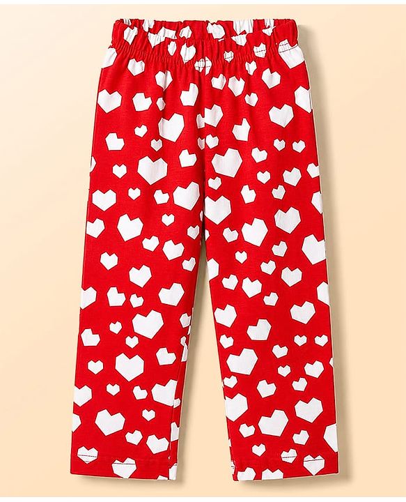 Babyhug Cotton Knit Full Sleeves Shirt & Pyjama Night Suit with Hearts Print - Red
