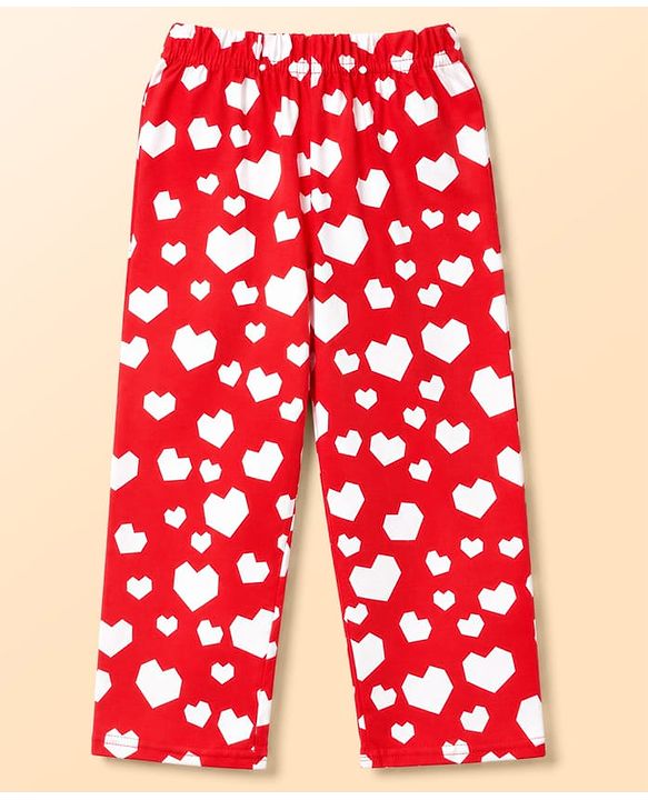 Babyhug Cotton Knit Full Sleeves Shirt & Pyjama Night Suit with Hearts Print - Red