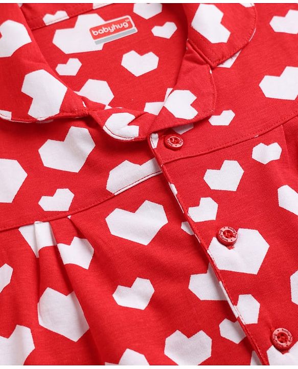 Babyhug Cotton Knit Full Sleeves Shirt & Pyjama Night Suit with Hearts Print - Red