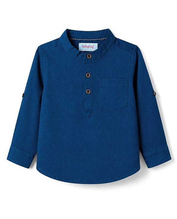 Babyhug 100% Cotton Woven Full Sleeves Solid Color Shirt & Pant Set - Blue & Beige