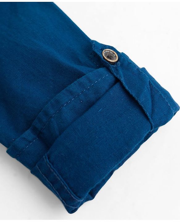 Babyhug 100% Cotton Woven Full Sleeves Solid Color Shirt & Pant Set - Blue & Beige