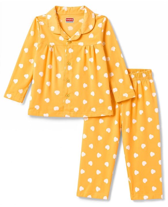 Babyhug 100% Cotton Knit Full Sleeves Shirt & Pyjama Night Suit with Hearts Print - Yellow