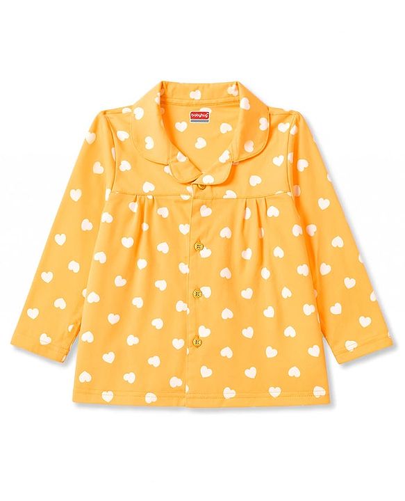 Babyhug 100% Cotton Knit Full Sleeves Shirt & Pyjama Night Suit with Hearts Print - Yellow