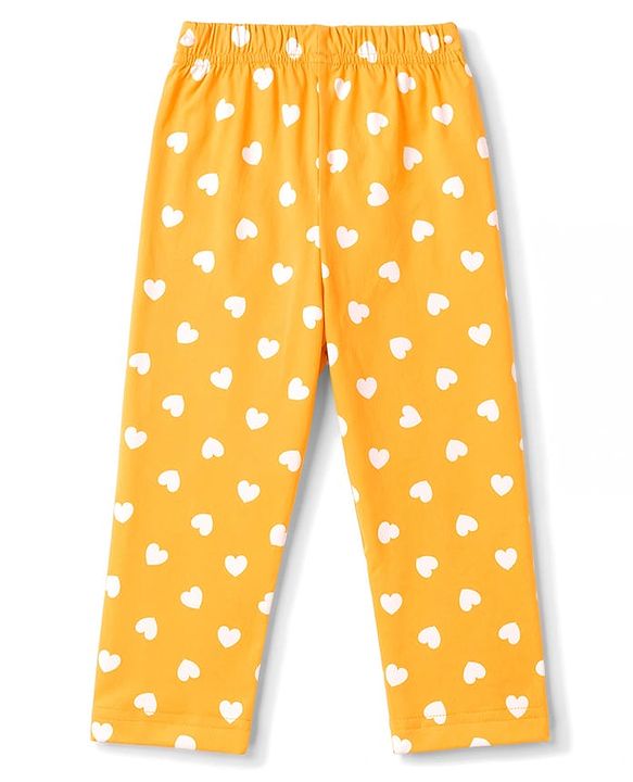 Babyhug 100% Cotton Knit Full Sleeves Shirt & Pyjama Night Suit with Hearts Print - Yellow