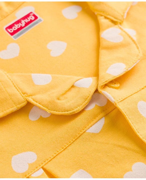 Babyhug 100% Cotton Knit Full Sleeves Shirt & Pyjama Night Suit with Hearts Print - Yellow