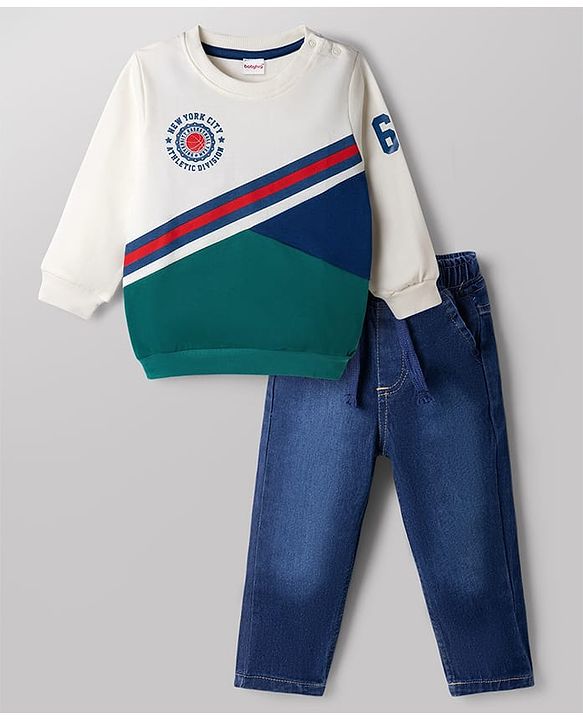Babyhug Terry Knit Full Sleeves T-Shirt & Denim Jeans Set with New York Print & Cut & Sew Design - White & Green