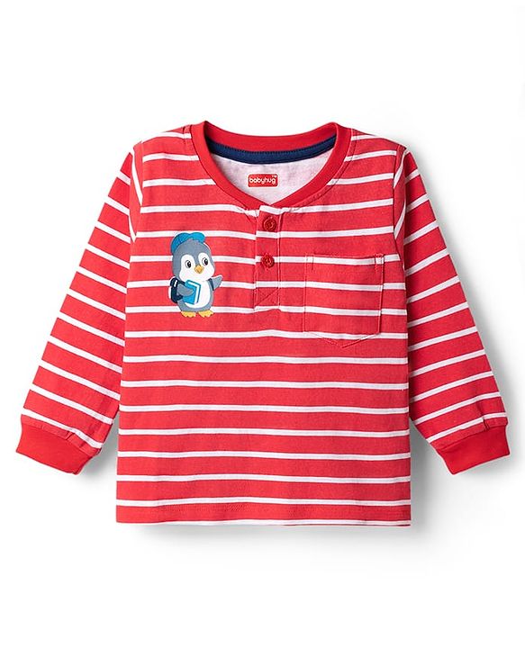 Babyhug Single Jersey Knit Full Sleeves Striped T-Shirt & Denim Jeans Set - Red & Blue