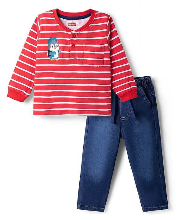 Babyhug Single Jersey Knit Full Sleeves Striped T-Shirt & Denim Jeans Set - Red & Blue