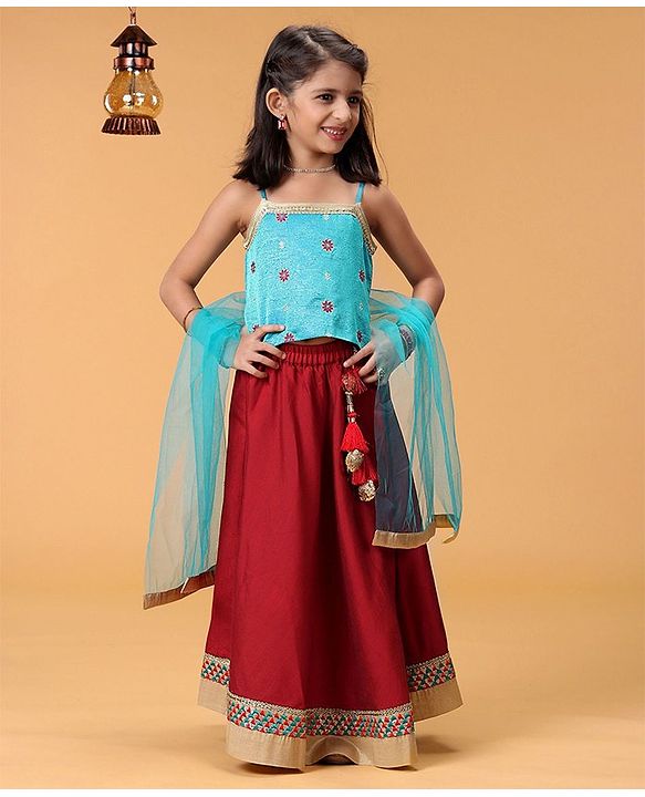 Babyhug Singlet Lehenga Choli Set With Jari & Sequin Border - Blue Red