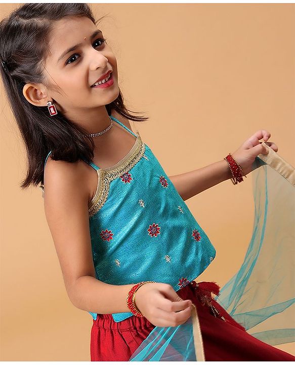 Babyhug Singlet Lehenga Choli Set With Jari & Sequin Border - Blue Red