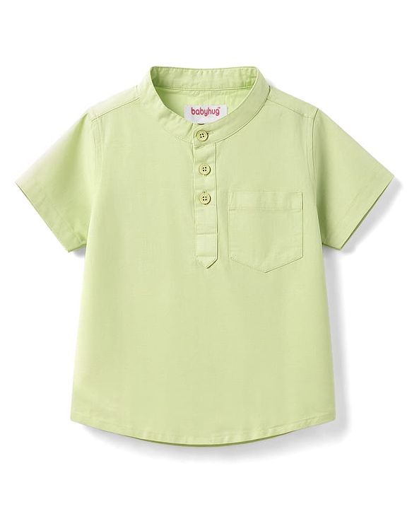 Babyhug Cotton Woven Half Sleeves Solid Colour Kurta Style Shirt & Denim Shorts Set - Light Green & Navy